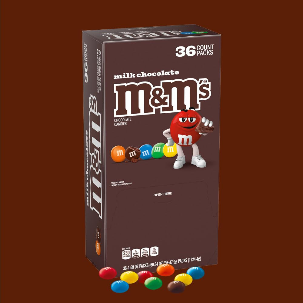 M&M'S Milk Chocolate Candy, Full Size Singles, 1.69 Oz Bag, 36 Pack Bulk 