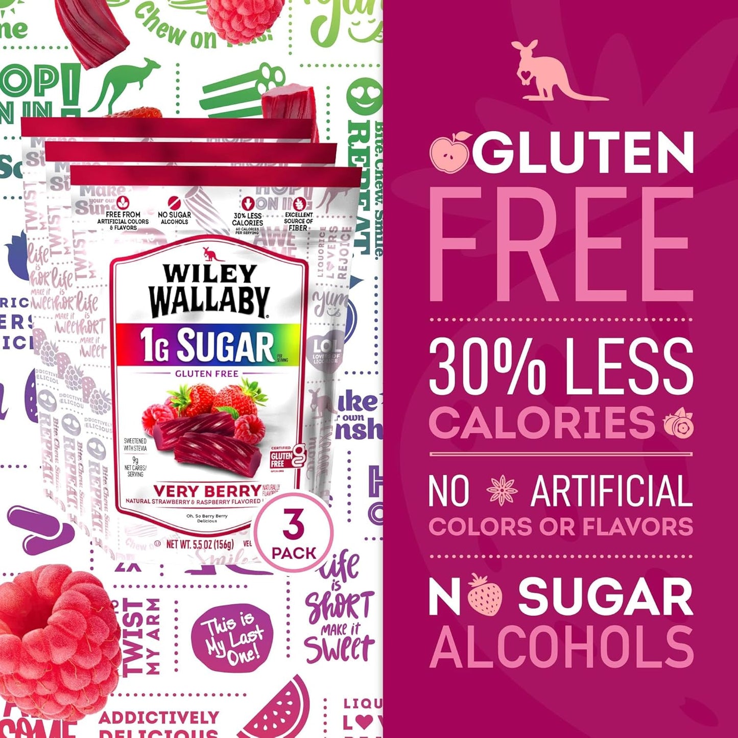 Wiley Wallaby Low Sugar Gluten Free Very Berry Licorice Candy, 5.5Oz, 3Pk