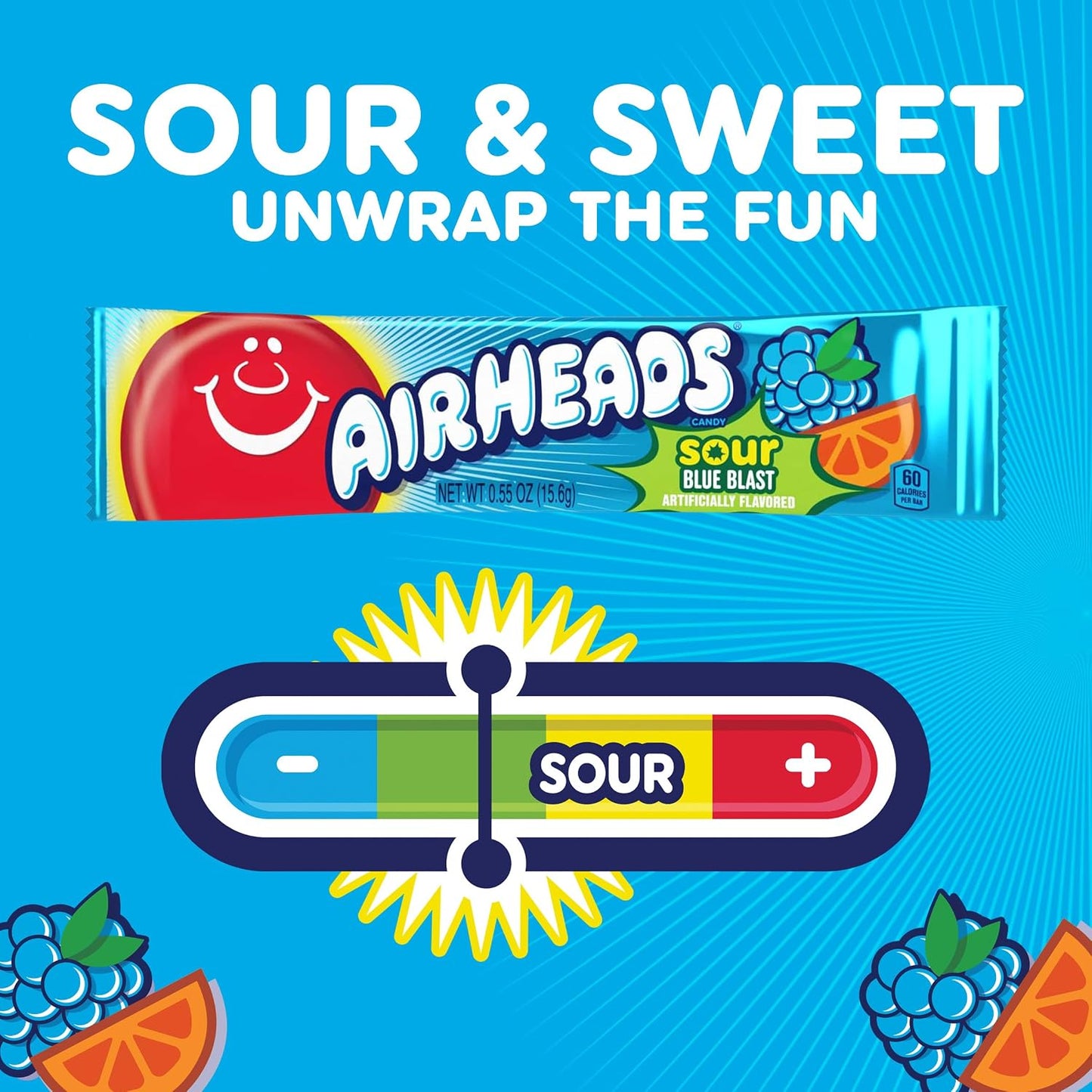 Airheads SOUR Candy Bars, Sour Blue Blast Flavored, Bulk, Pack of 36 Bars