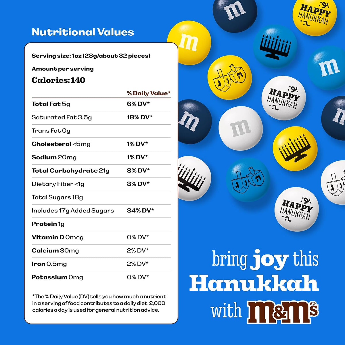 M&M'S Hanukkah Milk Chocolate Candy, Blue, Yellow, White, 2 Lb Bulk Bag
