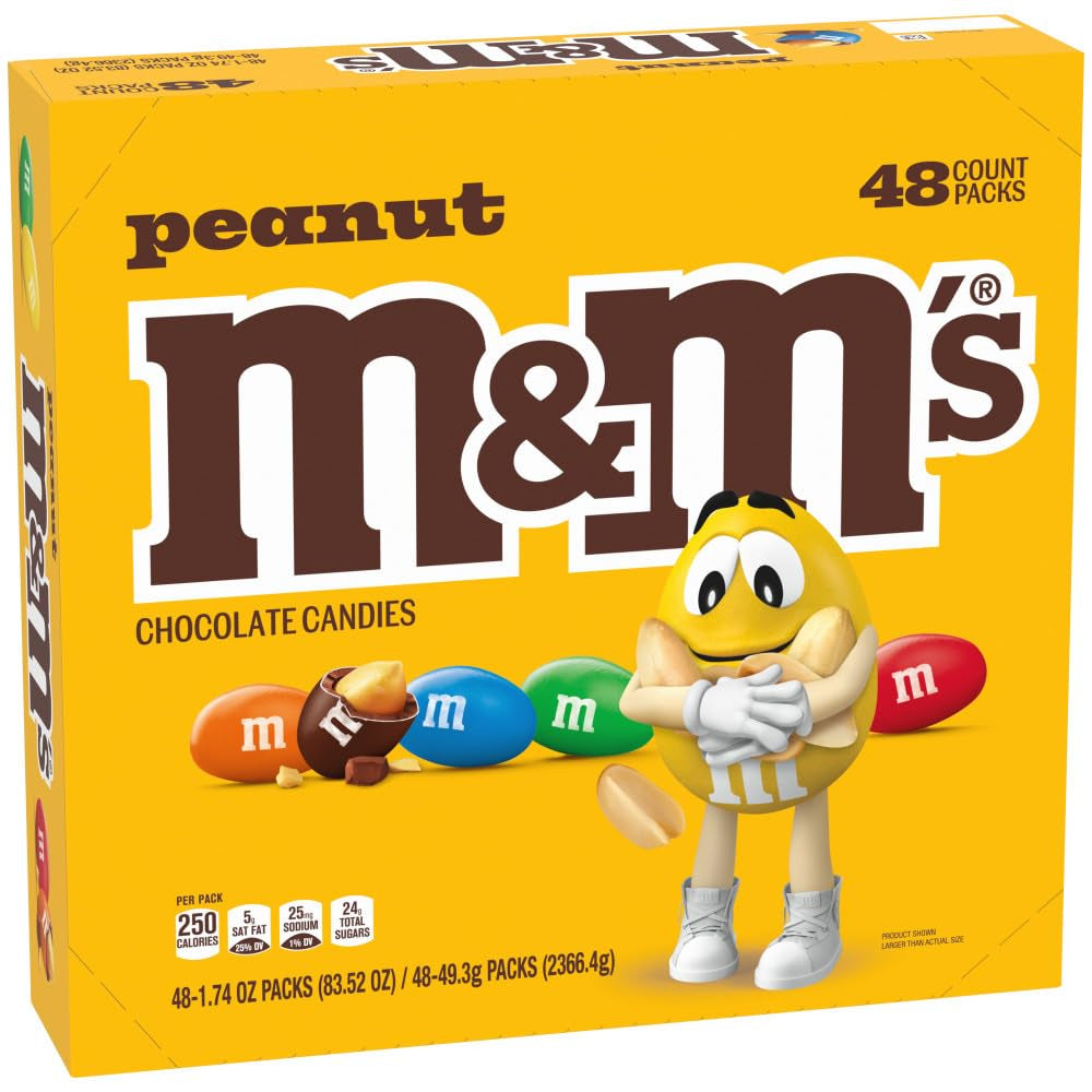 M&M'S Peanut Chocolate Candy, Full Size Candy 1.74 Oz Bag, Bulk Pack of 48