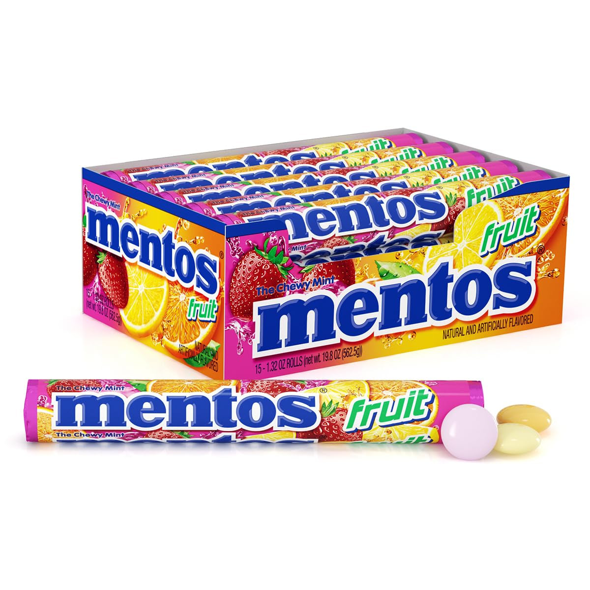 Mentos Chewy Mint Candy Roll, Fruit, 14 Pieces per Roll, 15 Count Pack