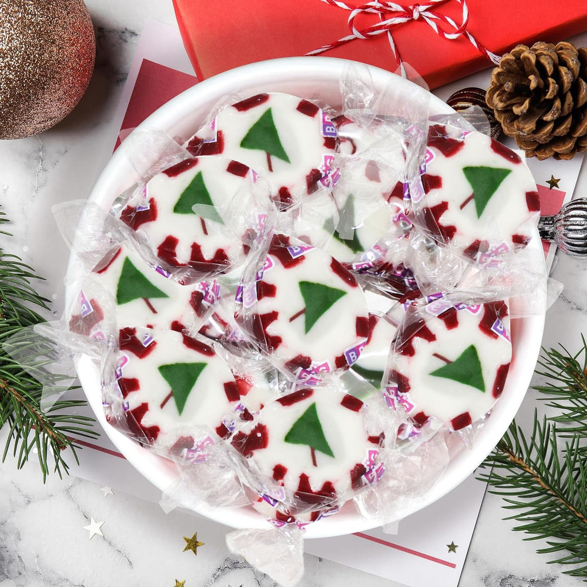 Bulk Christmas Peppermint Nougats 2 Lb Pack - Soft Chewy Mint Candy with Green Christmas Tree Center - (Approx 110 Pieces)