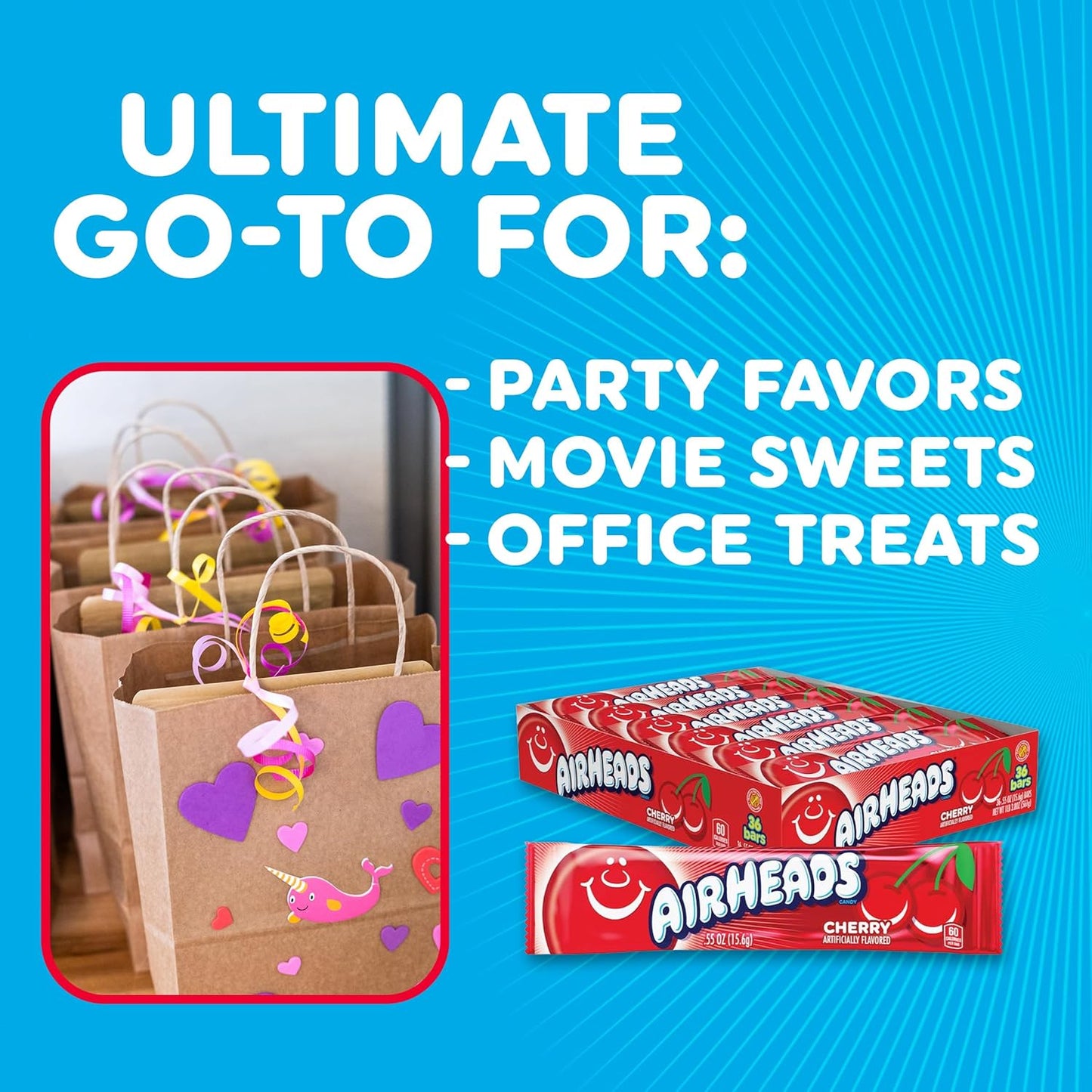 Airheads Full-Size Candy Bars, Taffy Candy Pack, Individually Wrapped Bulk Candy, Cherry Flavor, 36 Count Box