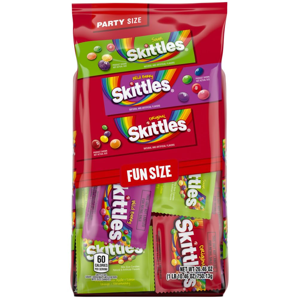 Skittles Fun Size Original, Wild Berry, and Sour Chewy Individually Wrapped Variety Pack, 26.46 Oz