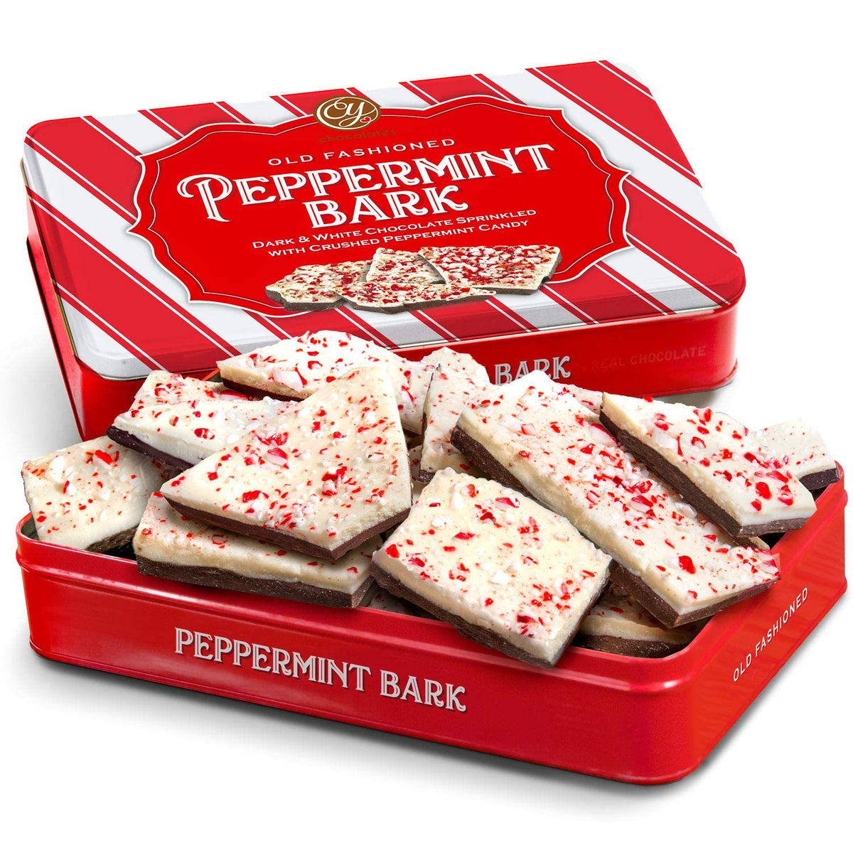 A Gift inside CY Chocolates Peppermint Bark Gift Tin - Handmade Chocolate Peppermint Bark with Dark & White Chocolate, Christmas Peppermint Candy, Gourmet Chocolate Peppermint Gift for Holidays