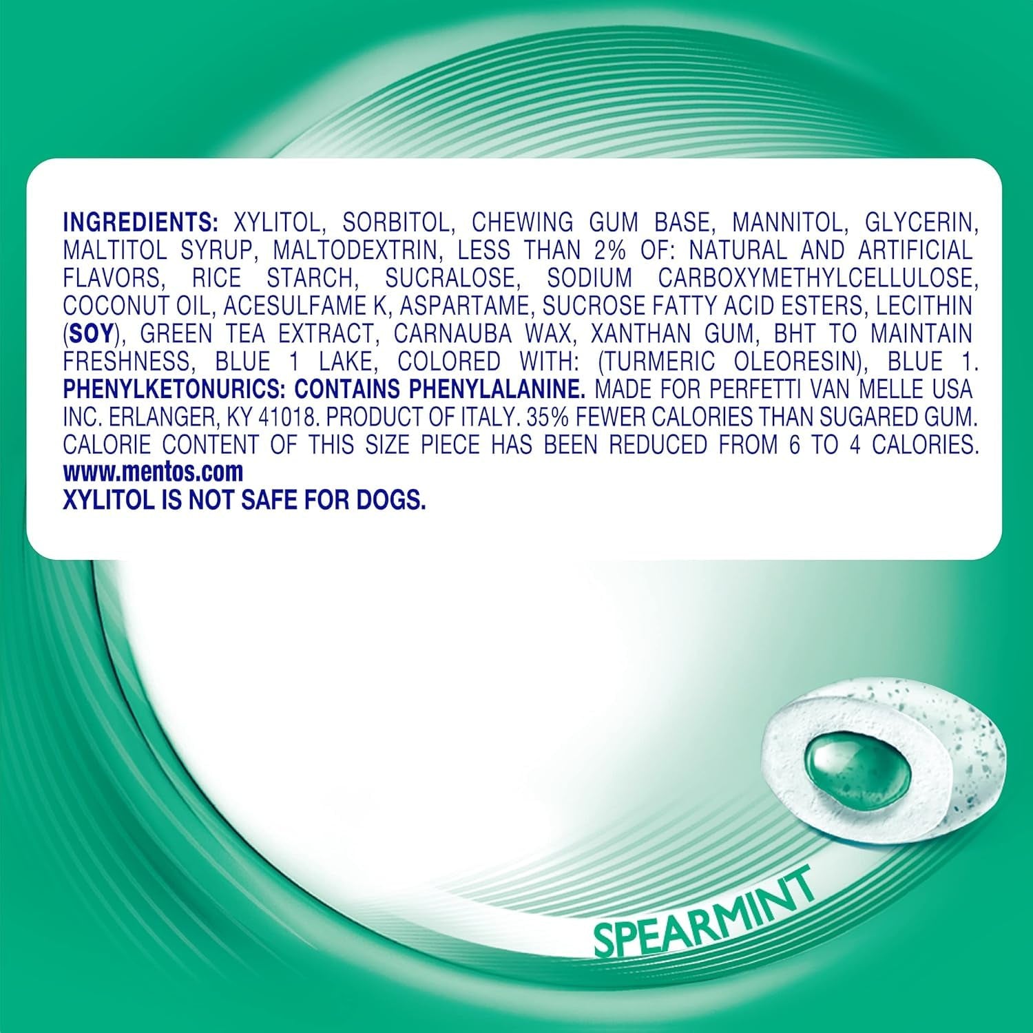 Mentos Pure Fresh Sugar Free Gum, Spearmint, 50 Piece Bottle (6 Pack)