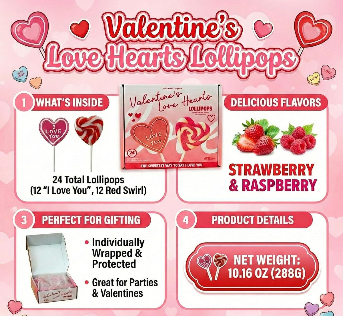 Valentine’s Day Heart Lollipops Candy 24 Pack – Dye Free, Fruity Sweet Love Pops