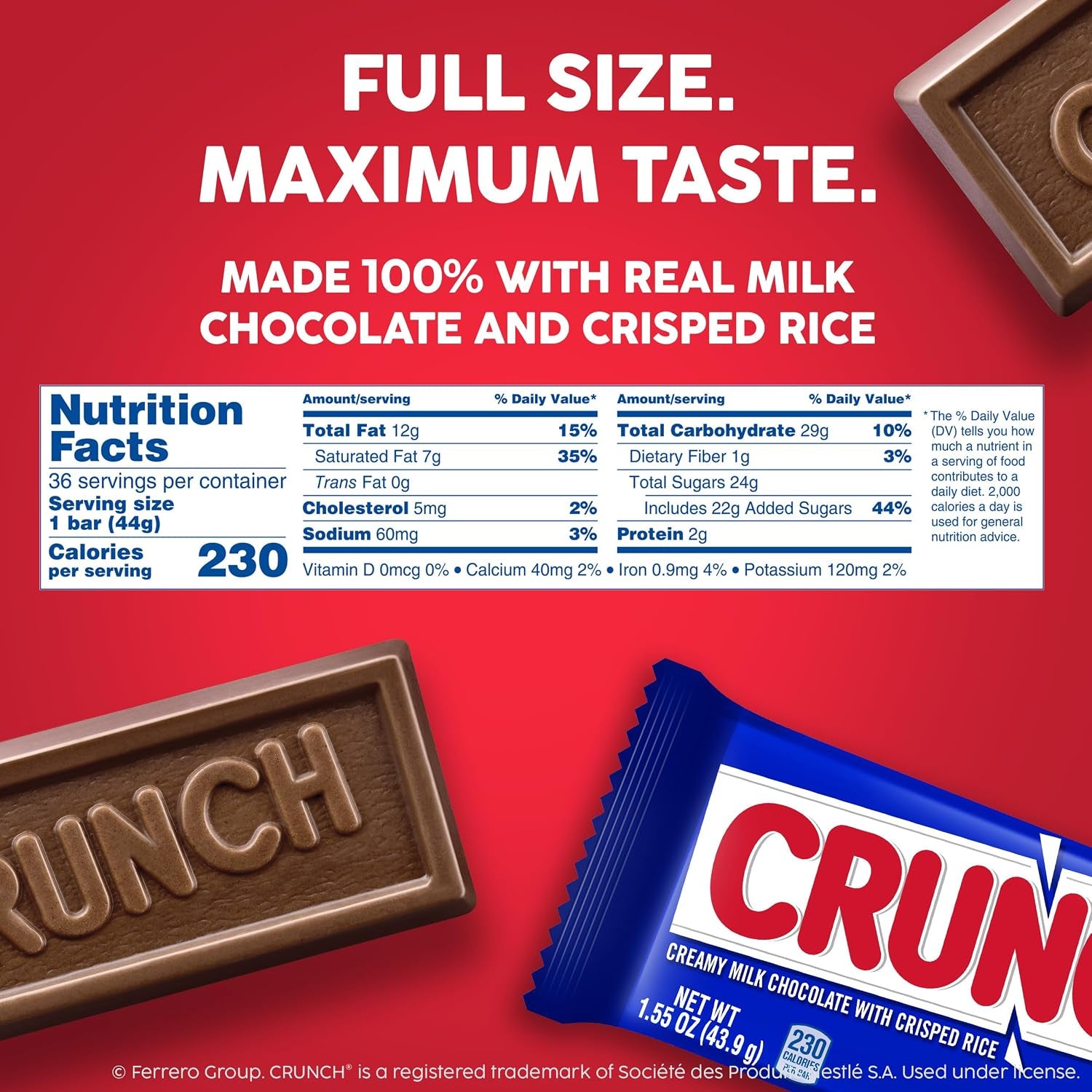 CRUNCH Full-Size Candy Bar, Creamy Milk Chocolate with Crunchy Crisped Rice, 36 Individually Wrapped Bars