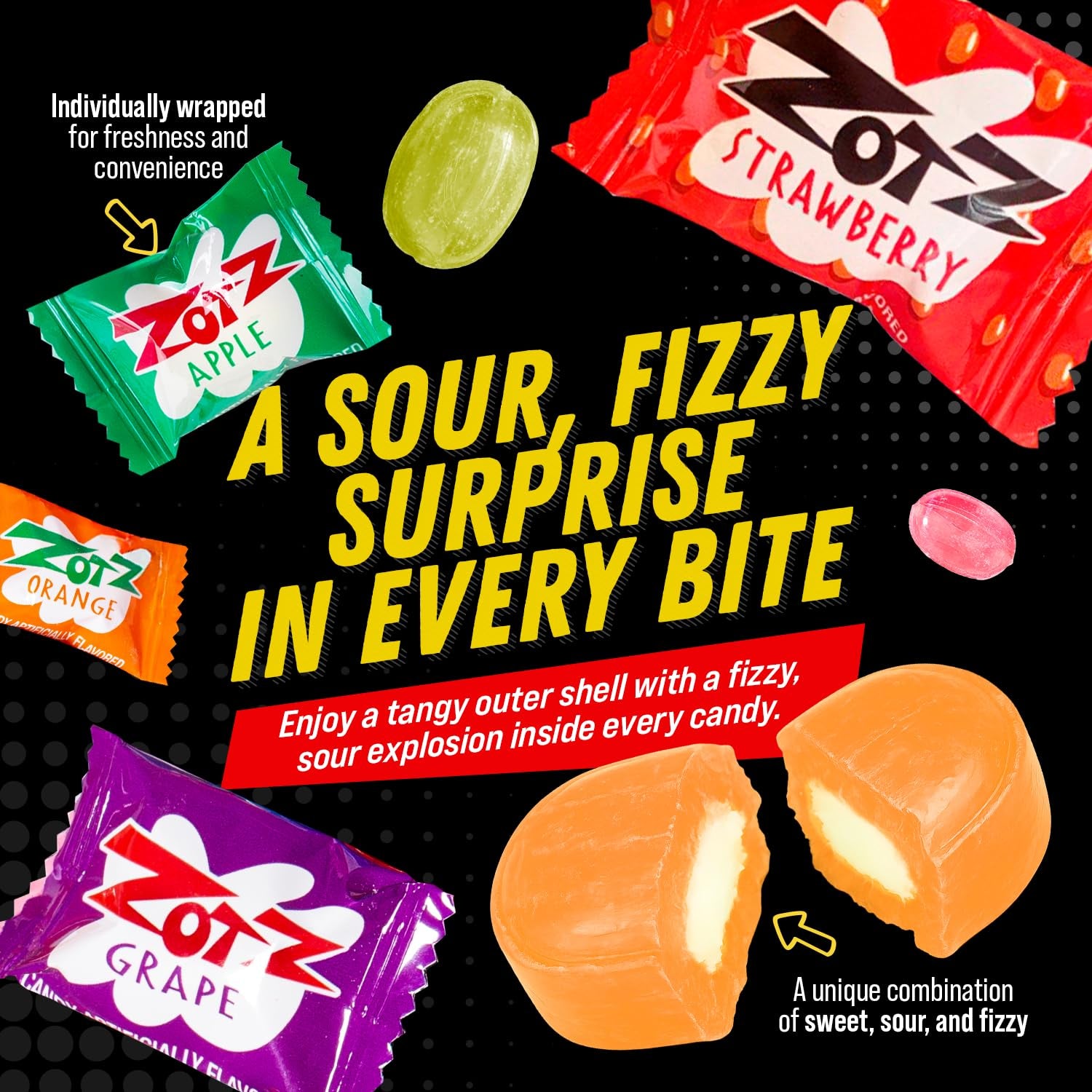 Zotz Fizzy Candy Bag, Assorted Flavors, 100 Count Bag