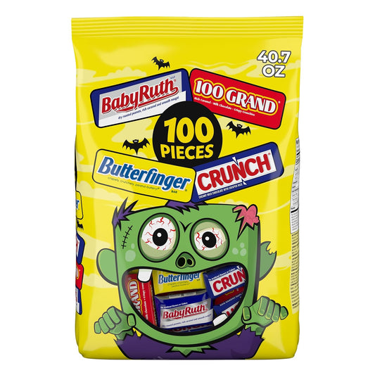 Butterfinger, CRUNCH, Baby Ruth, 100 Grand Assorted Halloween Candy Bars, 100 Count Pack, 40.7 Oz