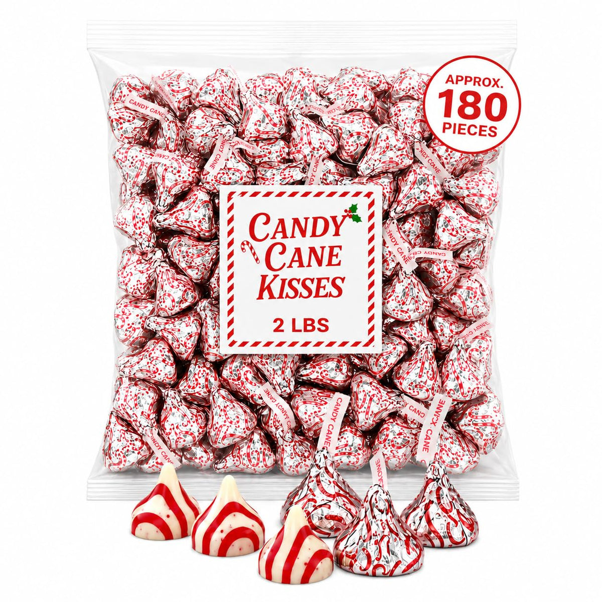 Candy Cane Kisses Peppermint Candy 2 LB Bag, Approx. 180 Individually Wrapped Pieces