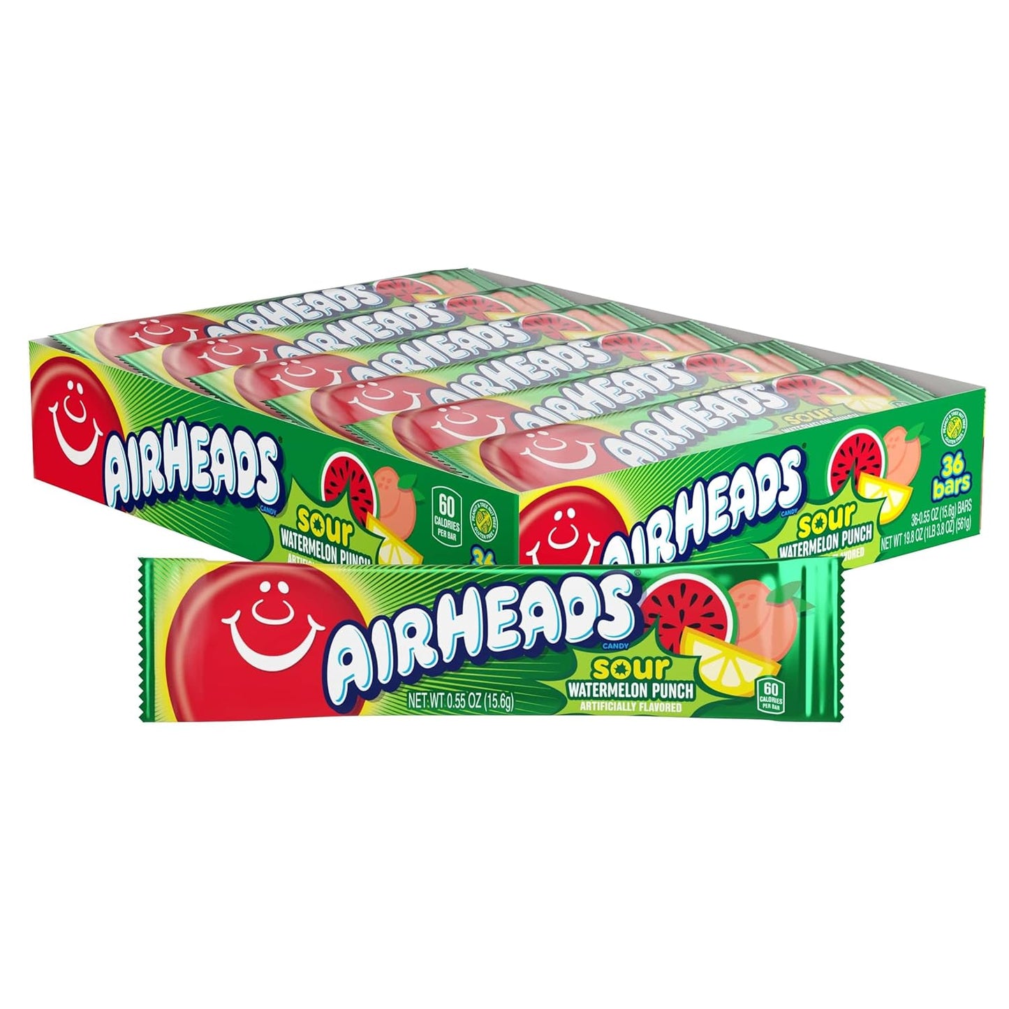Airheads SOUR Candy Bars, Sour Watermelon Punch Flavored, Bulk, Pack of 36 Bars.