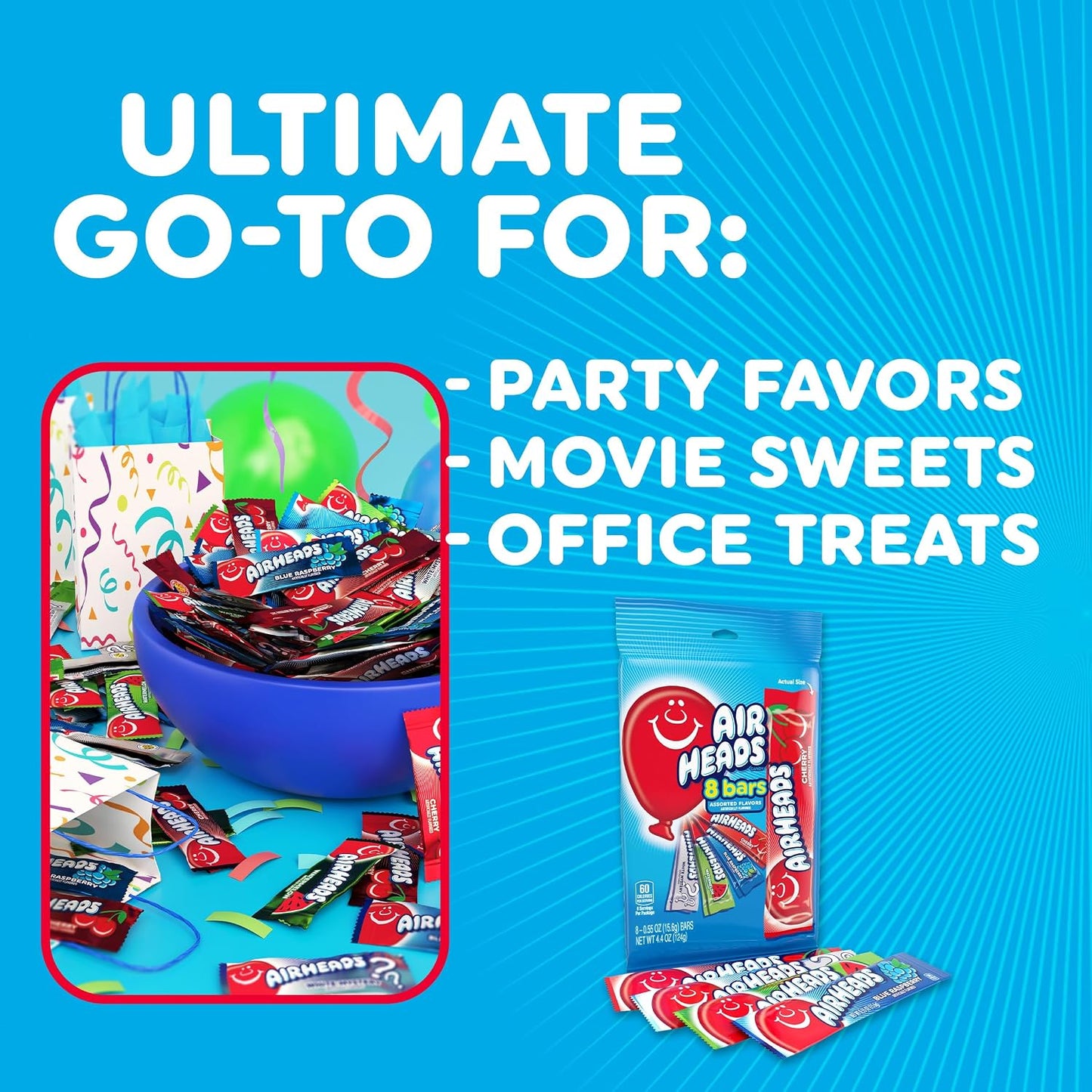 Airheads Full-Size Candy Bars, Taffy Candy Bulk Variety Pack, Individually Wrapped, 60 Count Box