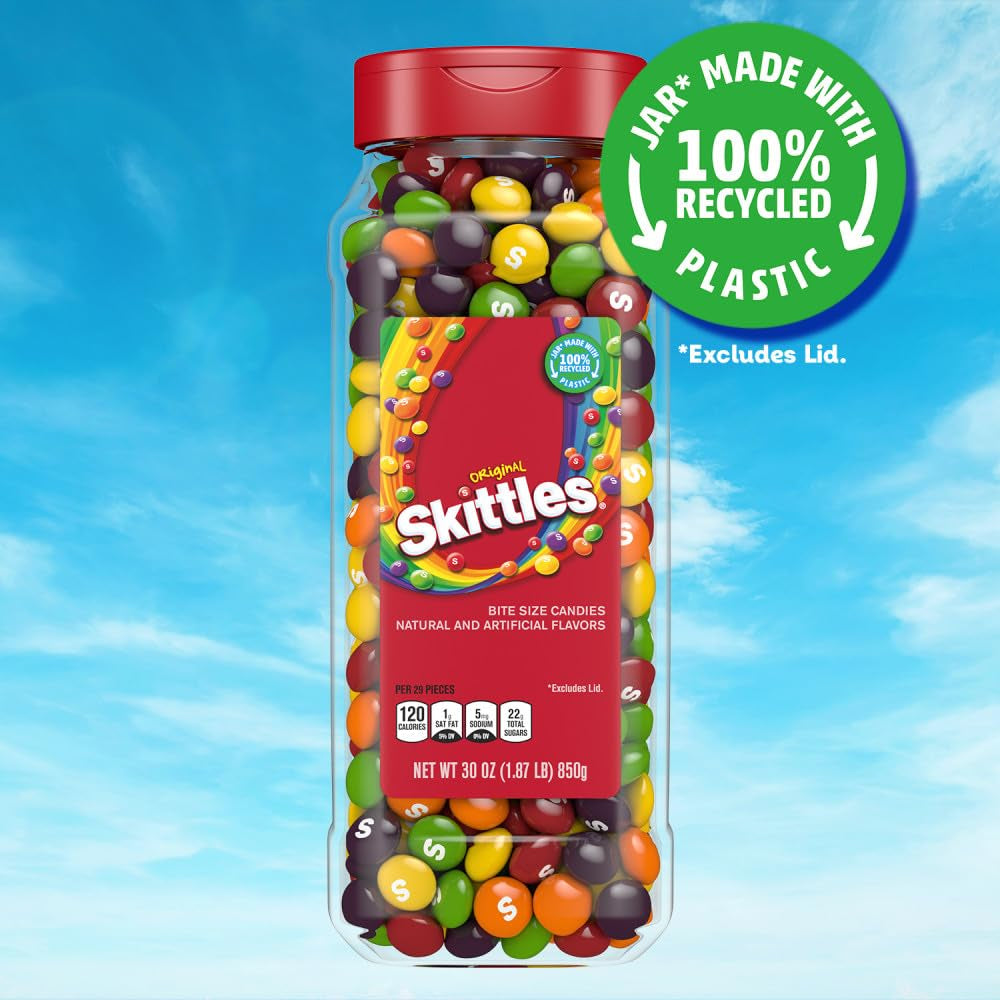 SKITTLES Original Chewy Fruity Rainbow Candy 30Oz Resealable Bulk Candy Jar