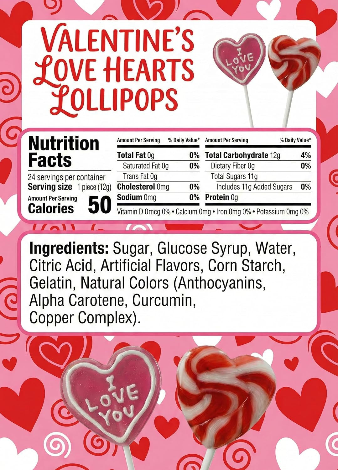 Valentine’s Day Heart Lollipops Candy 24 Pack – Dye Free, Fruity Sweet Love Pops