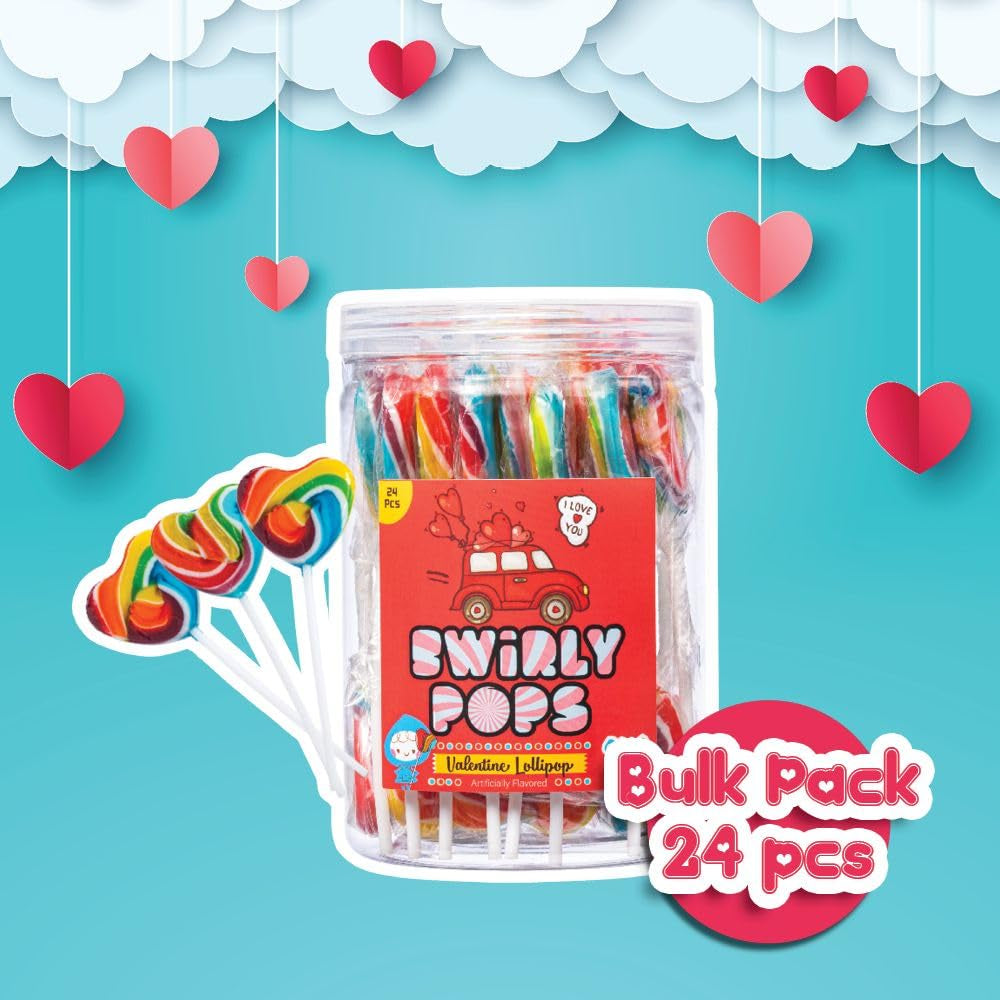 24 Heart Rainbow Lollipops Individually Wrapped, Valentines Party Favors