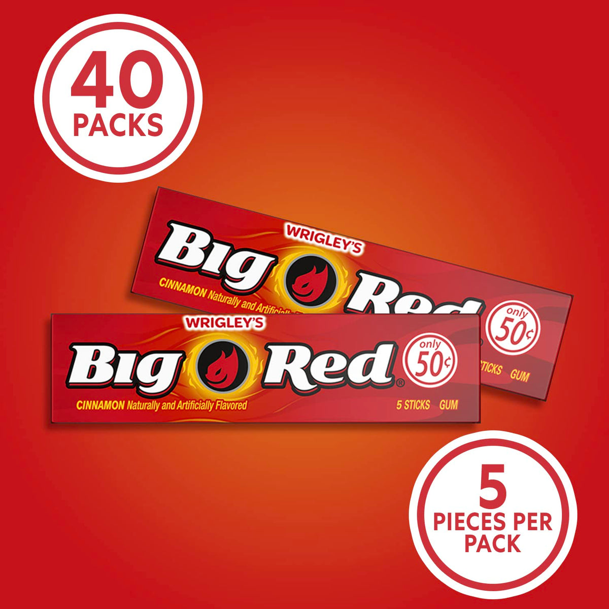 WRIGLEY'S BIG RED Cinnamon Chewing Gum Bulk Pack, 5 Sticks, 40 Count