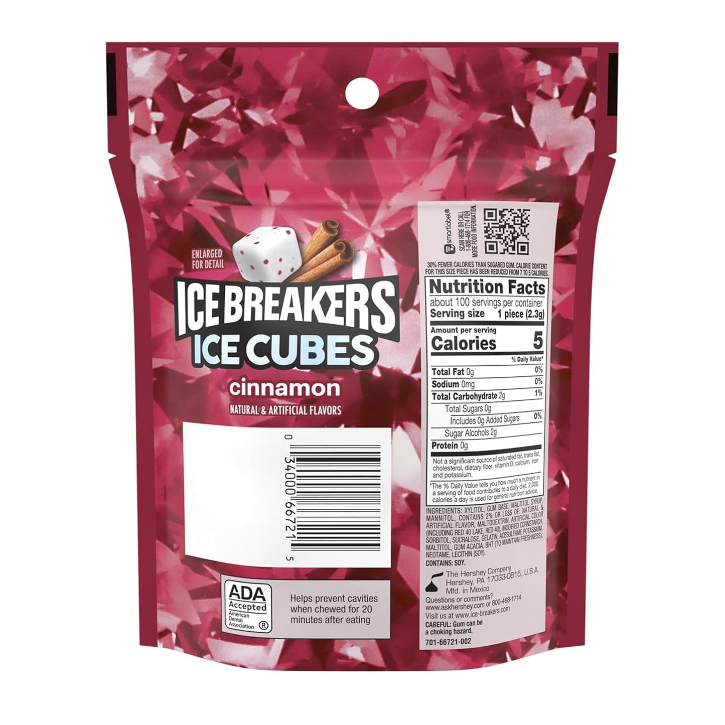 Ice Breakers Ice Cubes Cinnamon Sugar Free Chewing Gum Pouch, 8.11 Oz (100 Pieces)