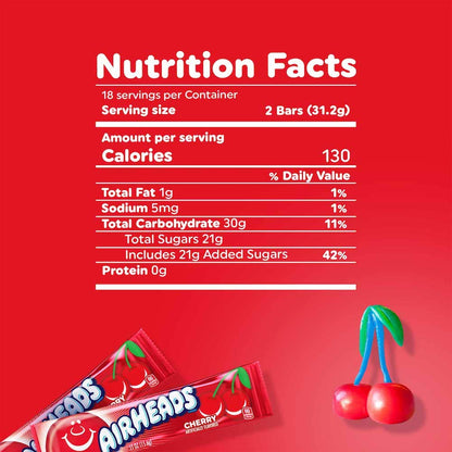 Airheads Full-Size Candy Bars, Taffy Candy Pack, Individually Wrapped Bulk Candy, Cherry Flavor, 36 Count Box