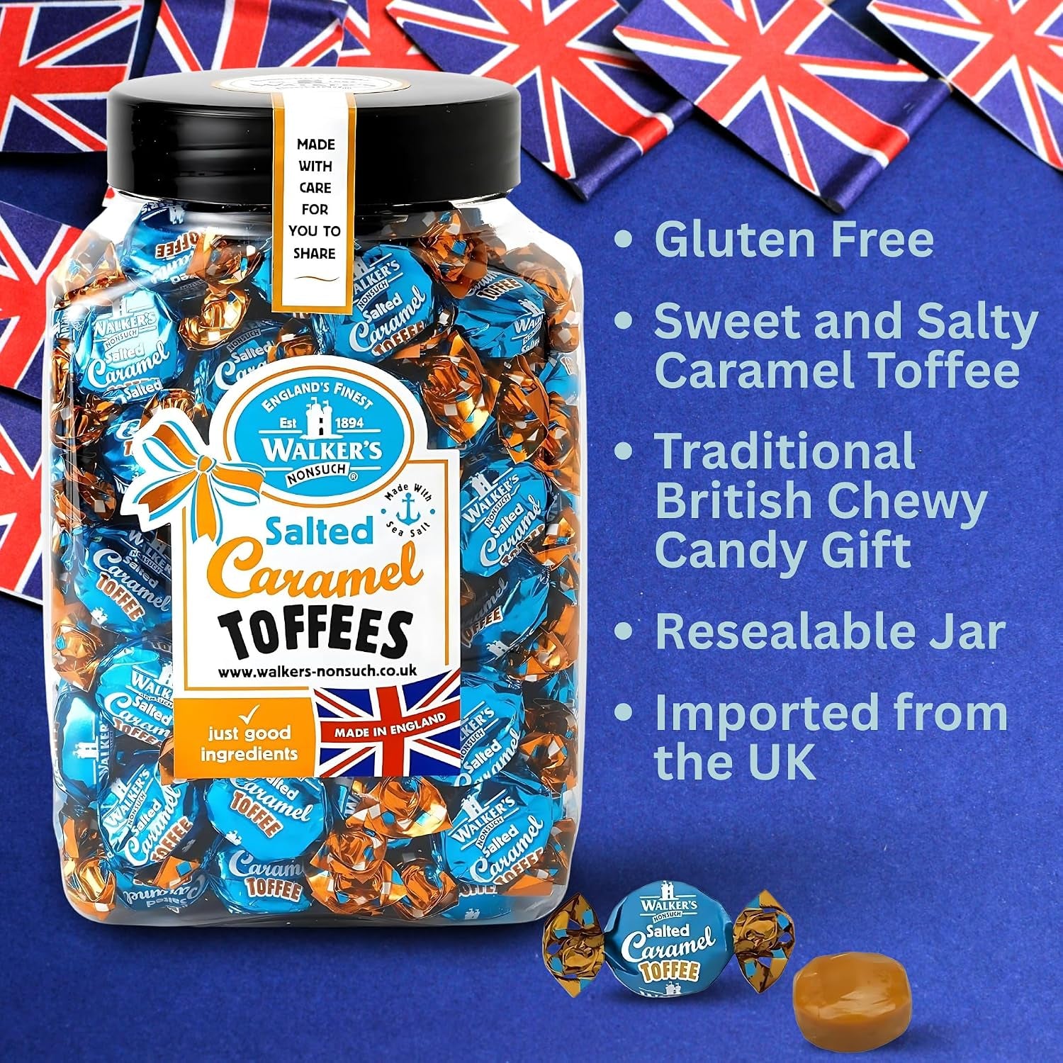 Walkers Nonsuch Salted Caramel Toffees Jar 1.25Kg (44.09 Oz) – Sweet and Salty Caramel Toffee Individually Wrapped