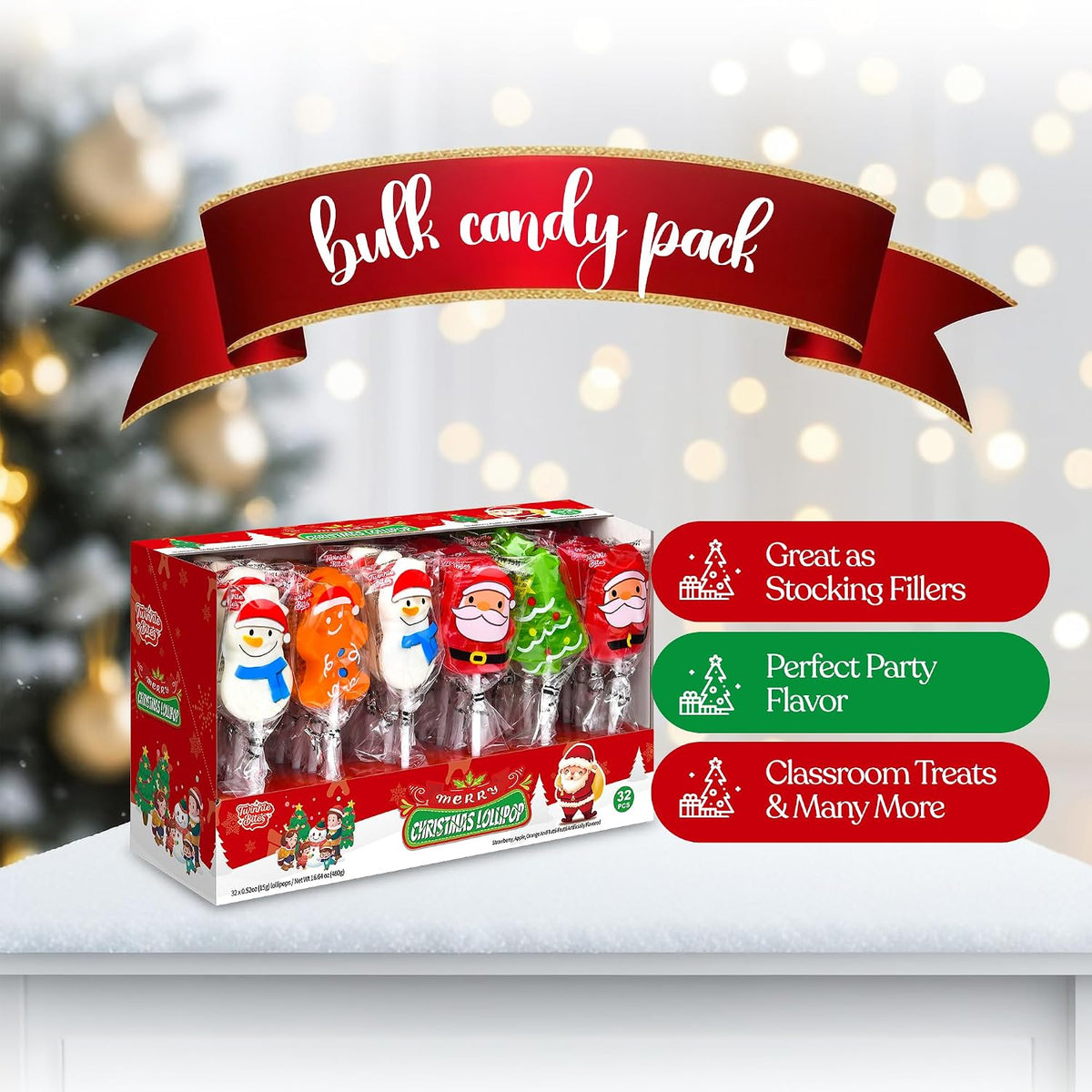 40 Pack Christmas Lollipops - Individually Wrapped Holiday Themed Suckers - Strawberry, Green Apple, Orange, Tutti-Frutti Delicious Flavors