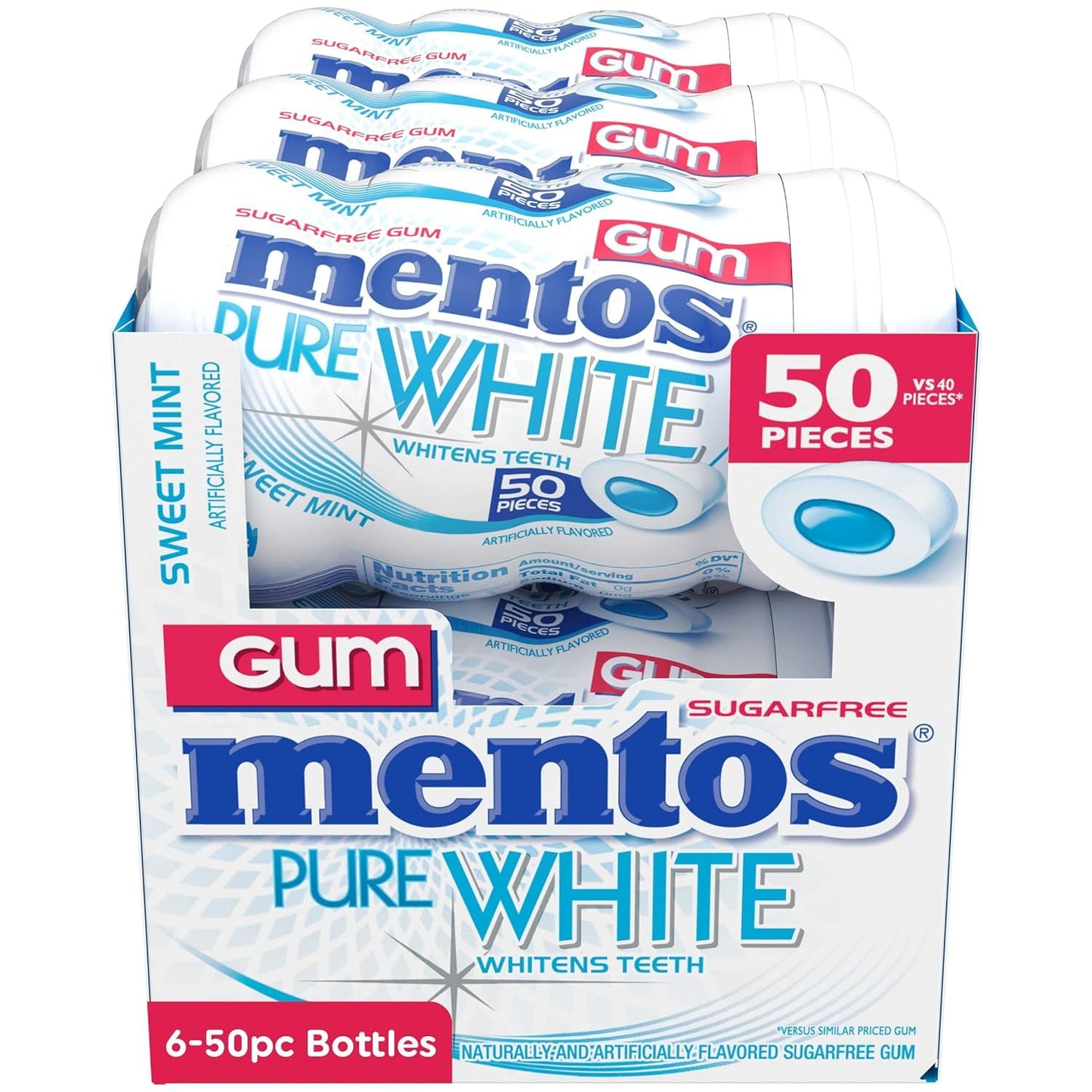 Mentos Pure White Sugar Free Gum, Sweet Mint, 50 Piece Bottle (6 Pack)