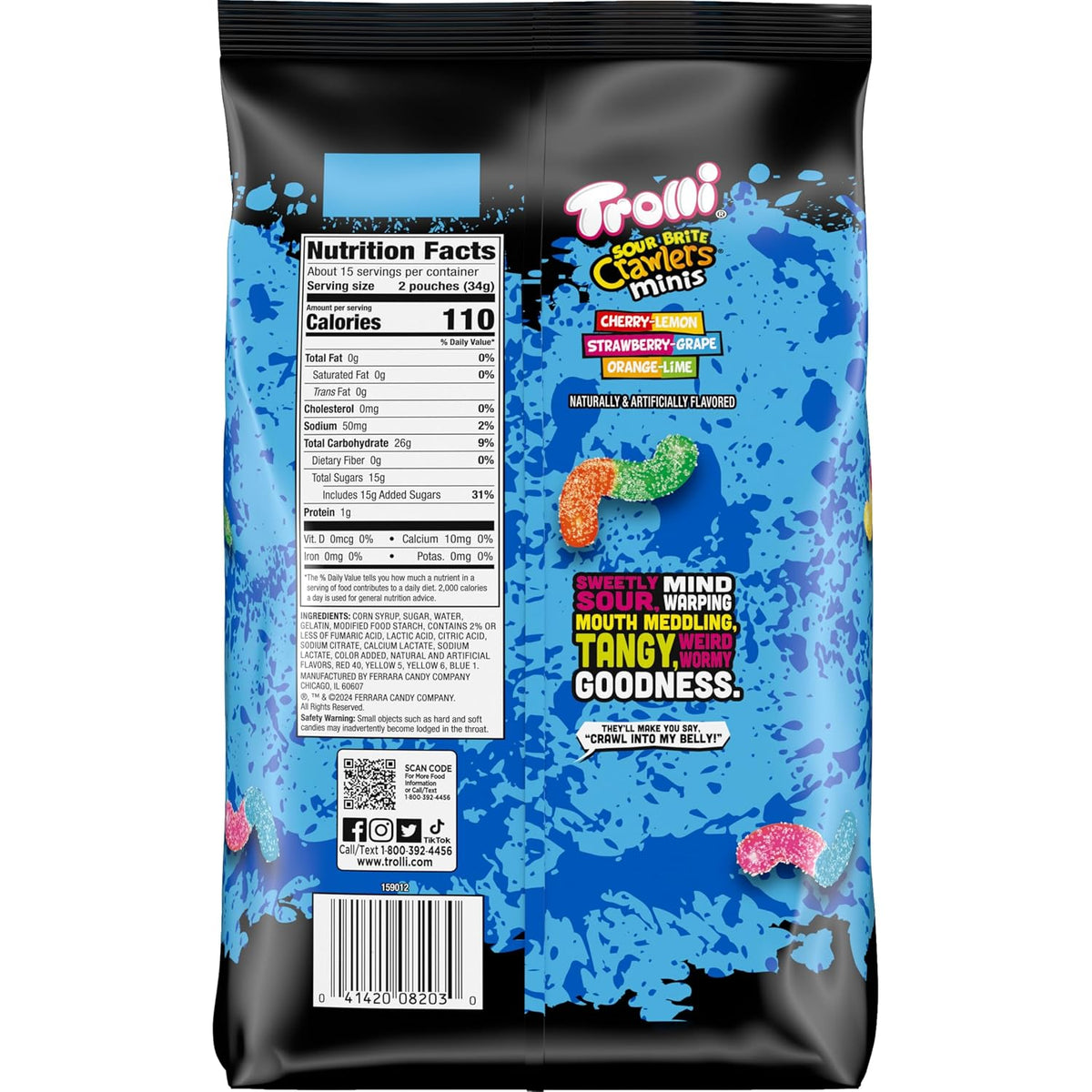Trolli Mini Sour Brite Crawlers Candy, Sour Gummy Worms, 18 Oz, 30 Ct