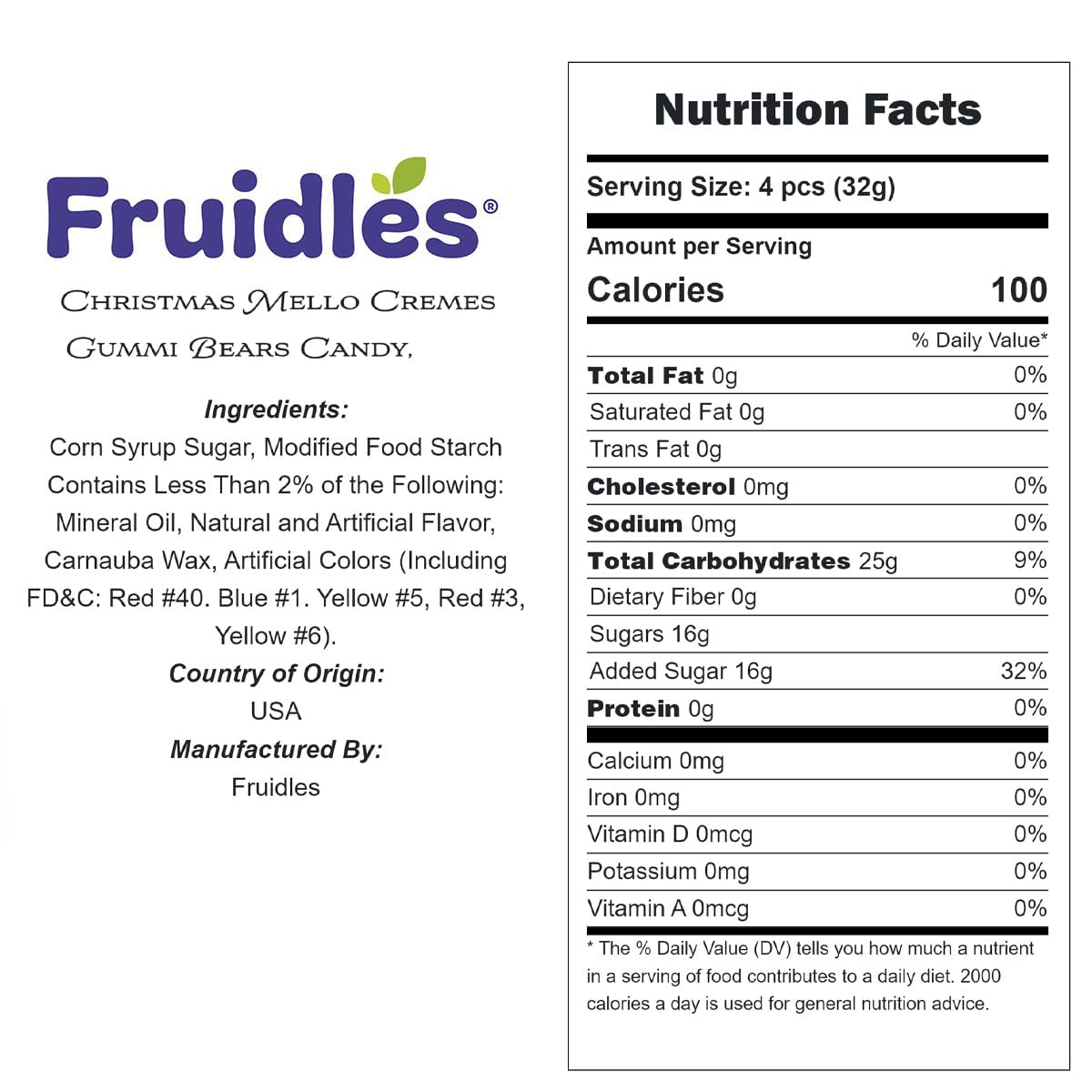 Fruidles Christmas Mello Cremes Gummi Bears Candy Sweet Confection Candies, Traditional Old Fashioned, Vegan, Gluten-Free (2 Pounds)