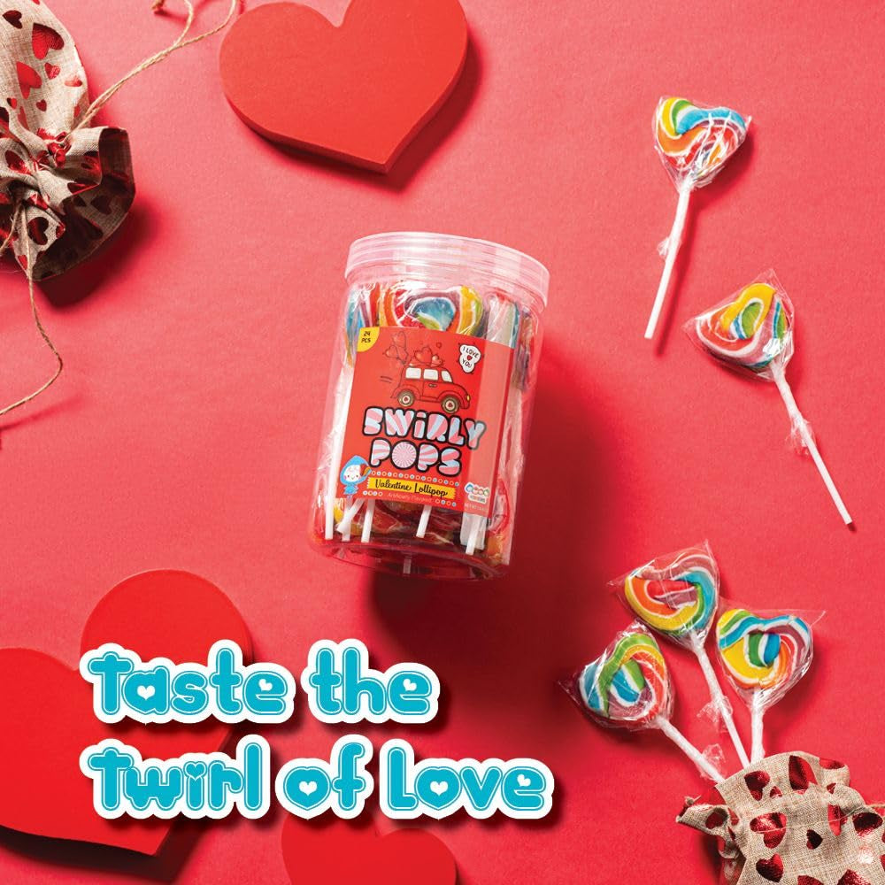 24 Heart Rainbow Lollipops Individually Wrapped, Valentines Party Favors