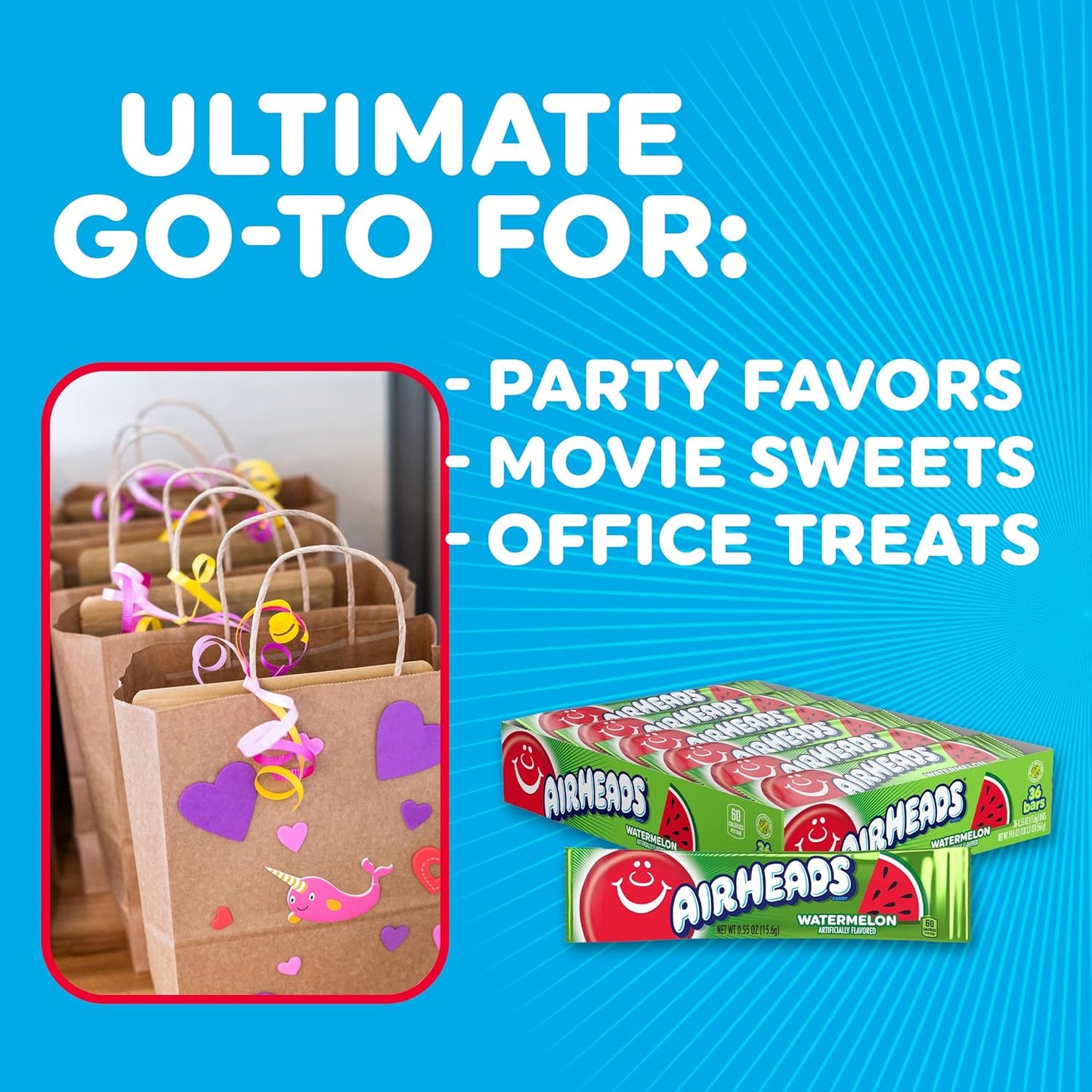 Airheads Full-Size Candy Bars, Taffy Candy Pack, Individually Wrapped Bulk Candy, Watermelon Flavor, 36 Count Box
