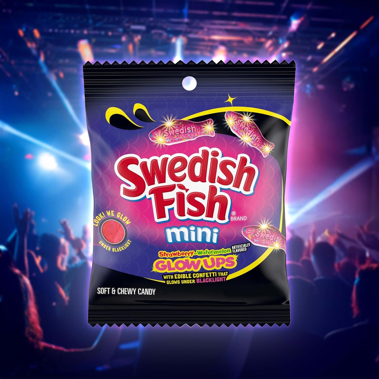 SWEDISH FISH Mini Glow Ups Strawberry-Watermelon Soft & Chewy Gummy Candy, 12-3.08 Oz Bags
