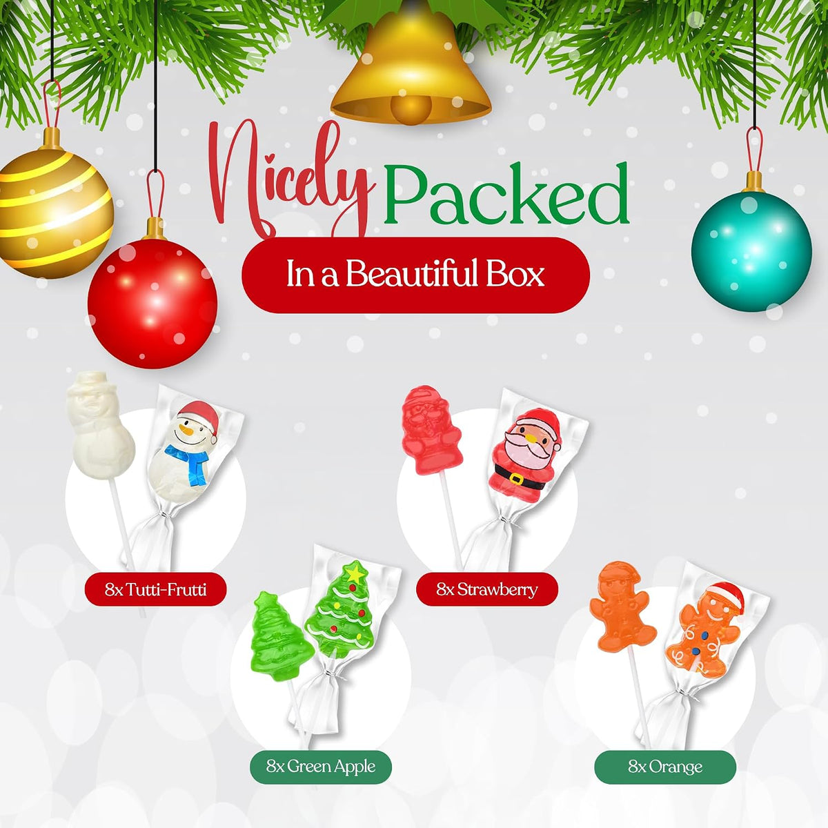 40 Pack Christmas Lollipops - Individually Wrapped Holiday Themed Suckers - Strawberry, Green Apple, Orange, Tutti-Frutti Delicious Flavors