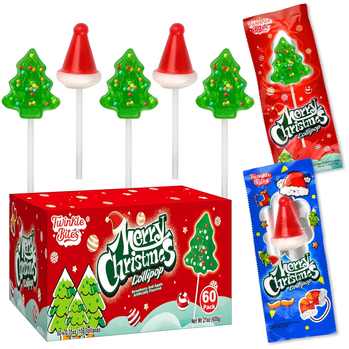 60 Pack Christmas Lollipops - Individually Wrapped Christmas Holiday Themed Hat and Tree Lollipops