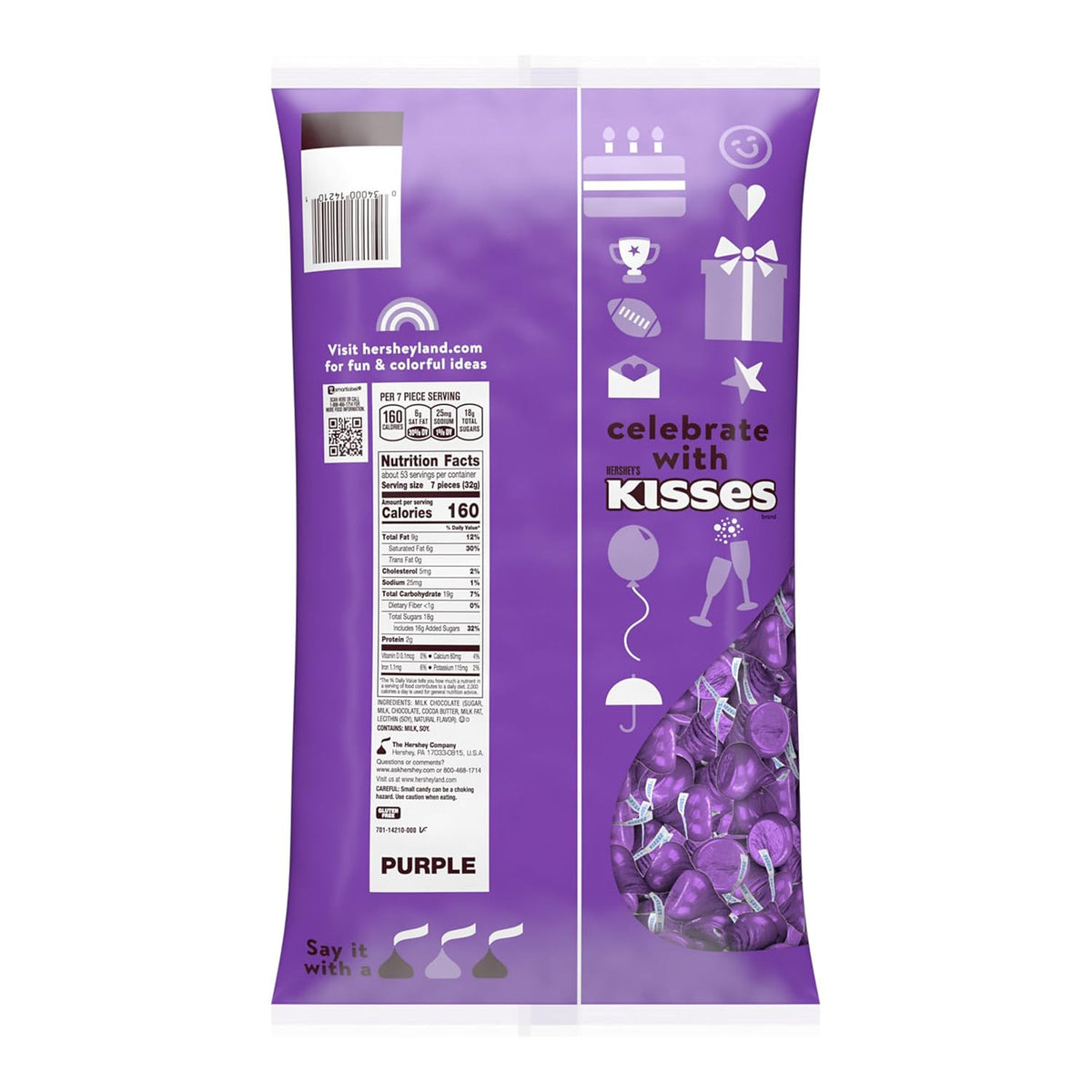 HERSHEY'S KISSES Milk Chocolate Candy Bulk Bag, Purple Foils, 60 Oz