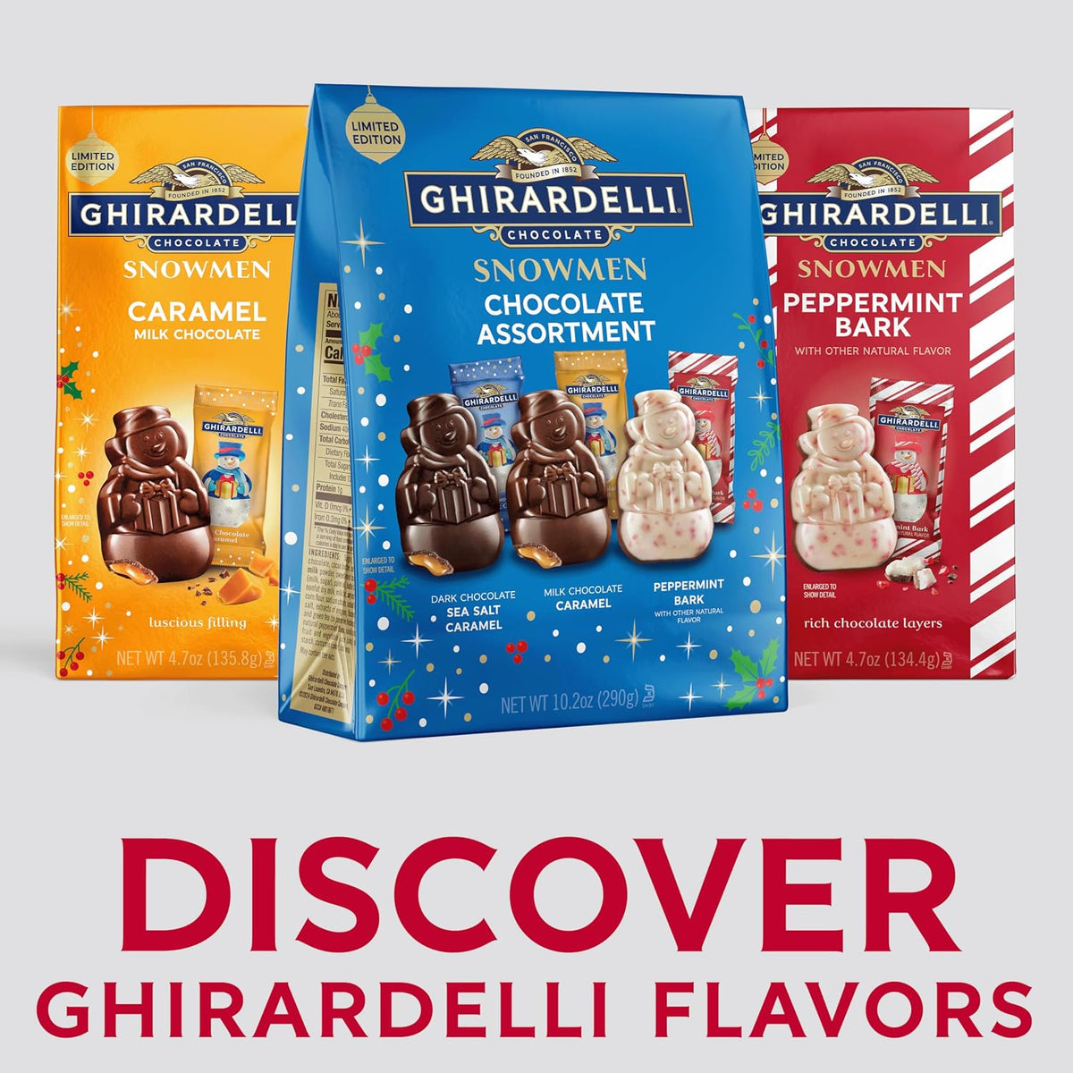 GHIRARDELLI Limited Edition Holiday Chocolate Snowmen Assortment, 10.2 Oz Bag – Festive Mix of Milk, Dark & Peppermint Bark Candy for Gifting