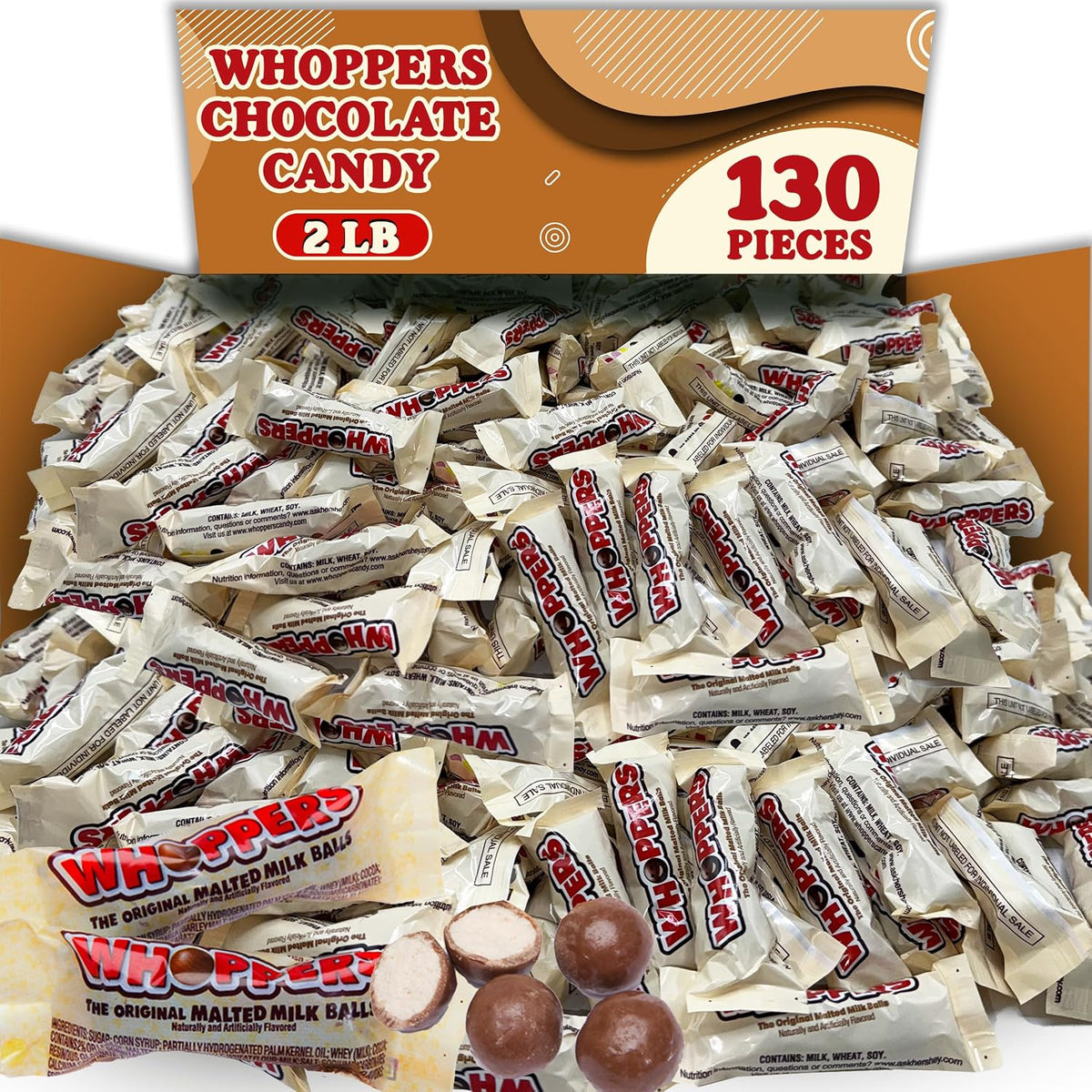 Whoopers Malted Milk Chocolate Candy Balls, 2 Lbs Bulk, Individually Wrapped Fun Size Packs, 3 Balls per Pack, Appx 130 Packs